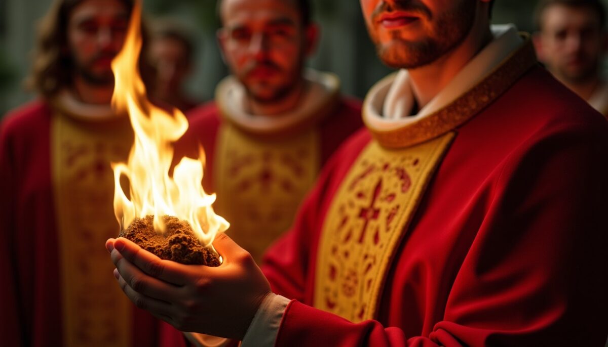 Vêtements liturgiques pour la Pentecôte : Incandescence du Feu Sacré et Rayonnement des Dons du Saint-Esprit